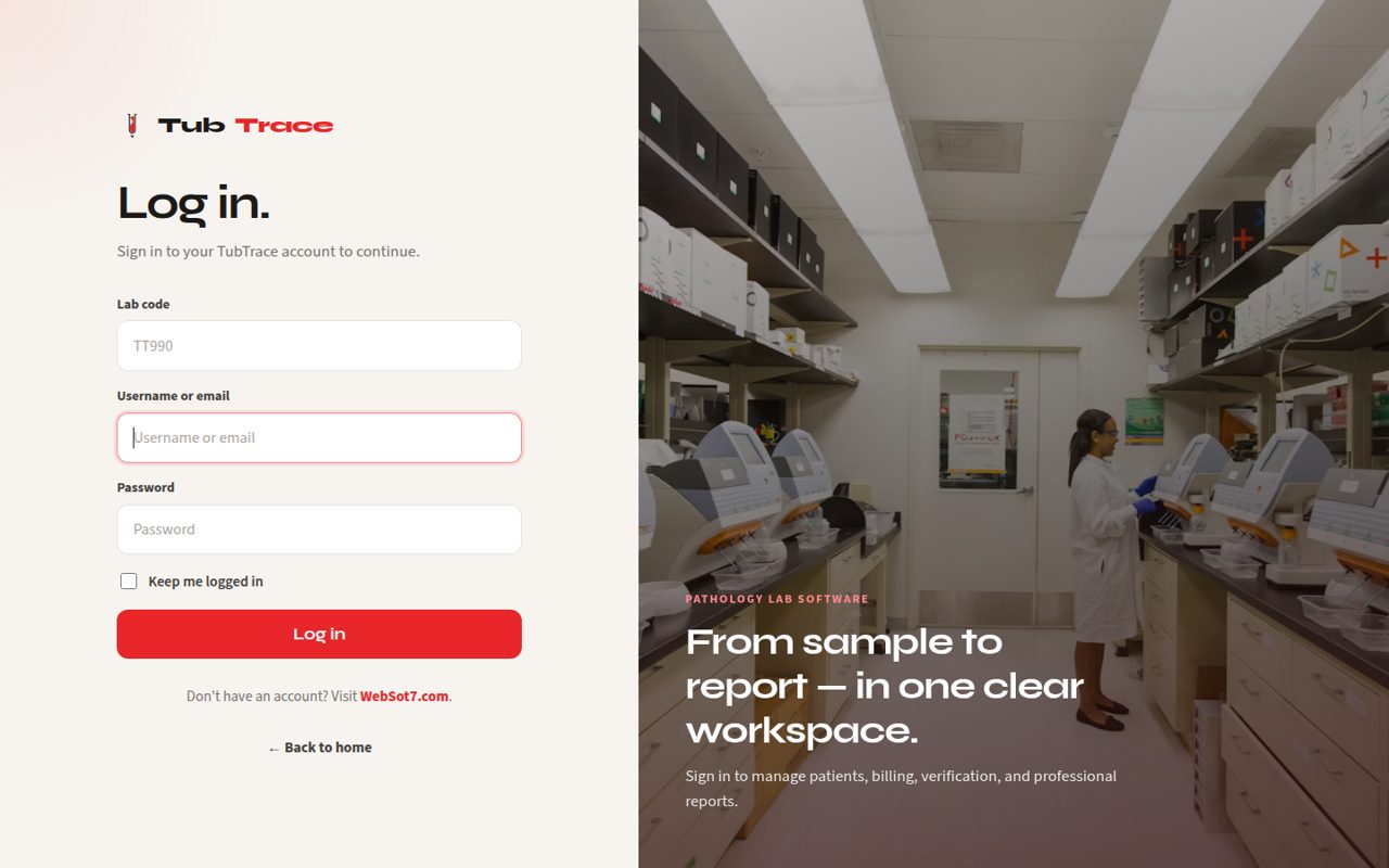 TubTrace login screen